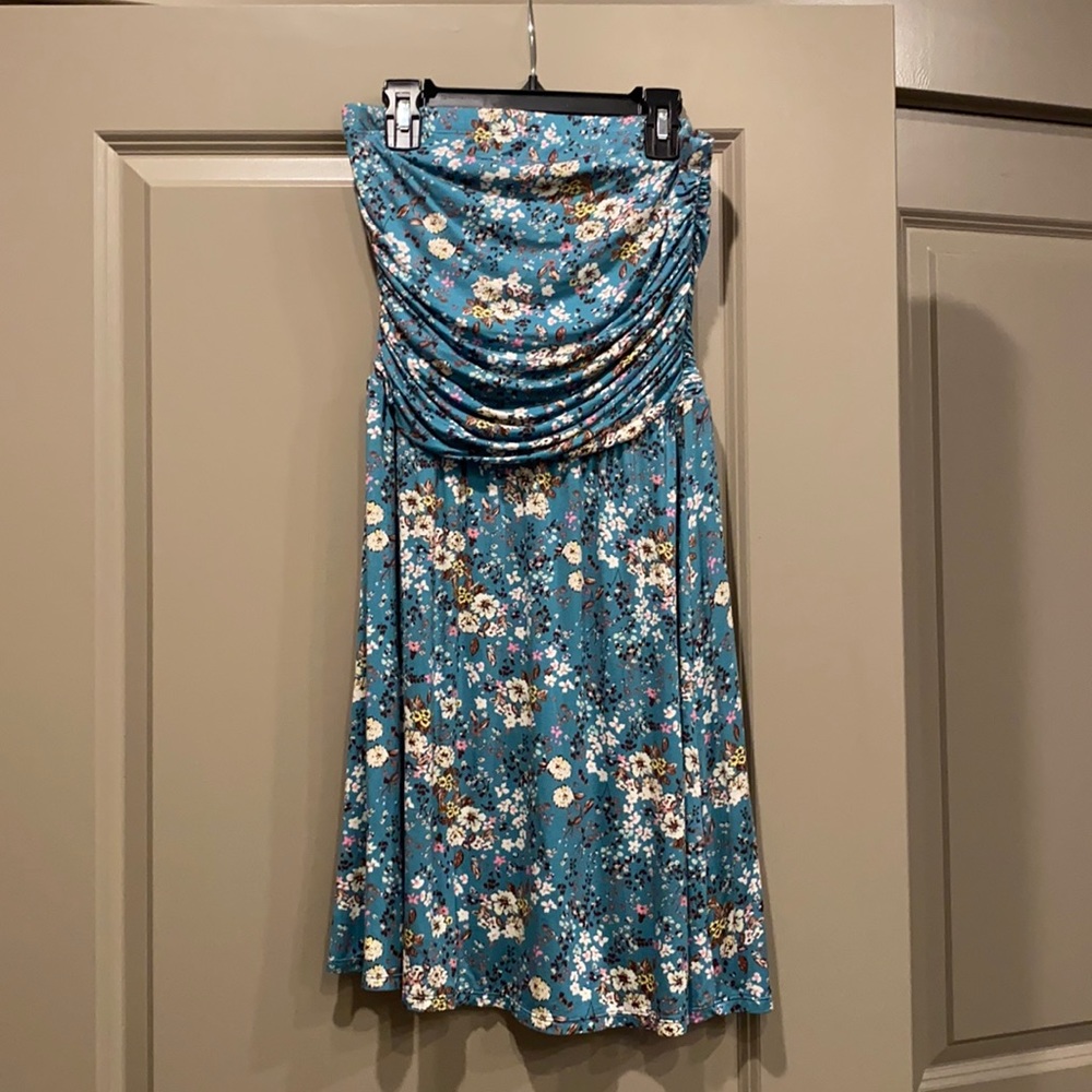 Strapless Blue and Brown Floral Dress